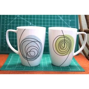 Corelle Coordinates Porcelain Mugs Set of 2 Scribble Swirl Green Blue MCM Style